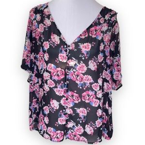 Torrid Floral Sheer Button Down Short Sleeve Blouse Black Pink Blue Size 1